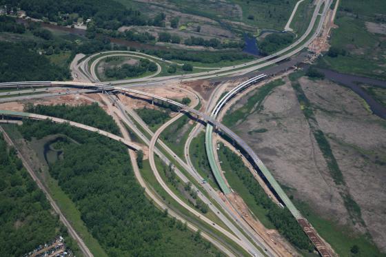 Overhead view of freeway interchange.