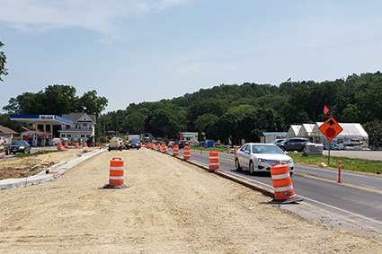 Traffic moving through a work zone. 