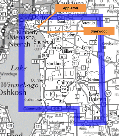 Map of Calumet County park and ride lots.