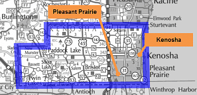 Map of Kenosha County park and ride lots.