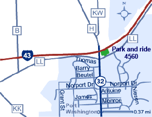 Map of Ozaukee County park and ride lot Port Washington (I-43/WIS 32/County H) #4560